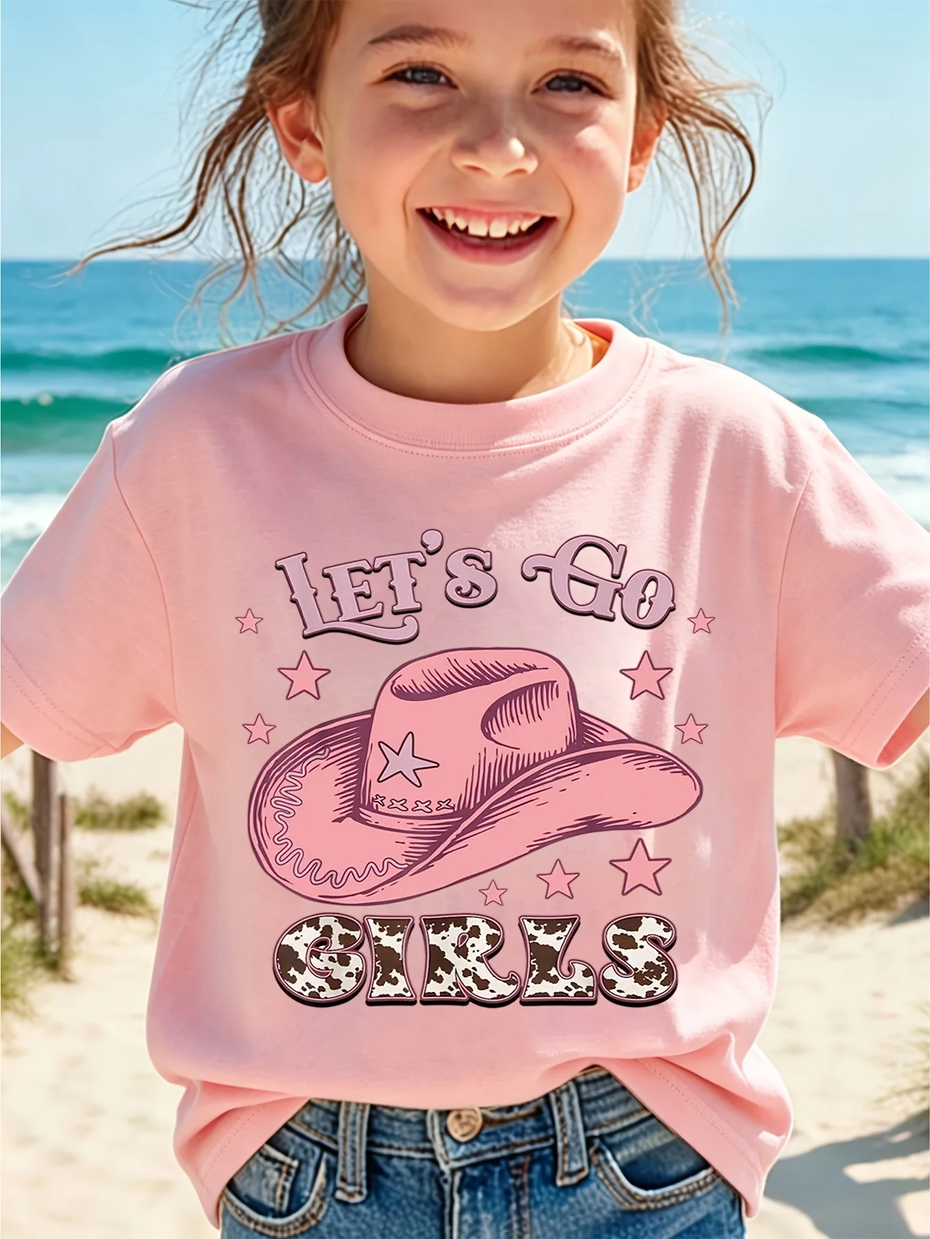 Kids Boys Girls Matching Tee Lets Go Girl Pink Cowboy Hat Cow Print Western Graphic Short Sleeve Crew Neck Toddler Casual Outfit
