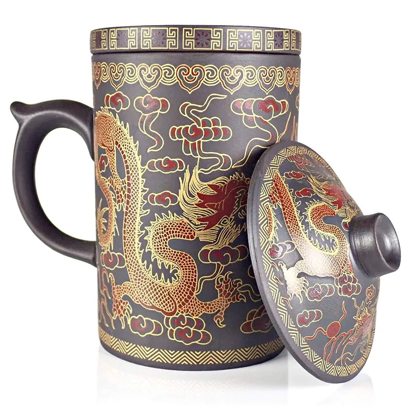 Chinese Tea Mug with Infuser and Lid 10Oz Chinese Yixing Purple Clay Dragon Tea Infuser Mug with Lid  Mug Retain Heat Very Well