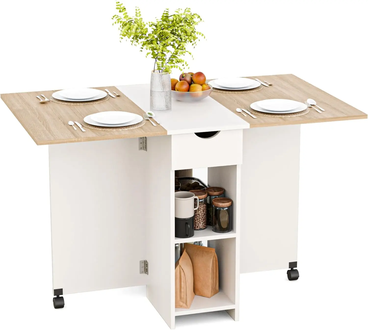 1 Schublade und 2 Ablagen für 2-4 Personen, Klapptisch Esszimmertisch mit Rollen für kleine Räume, Esszimmer, Küche, 72 x 120 x