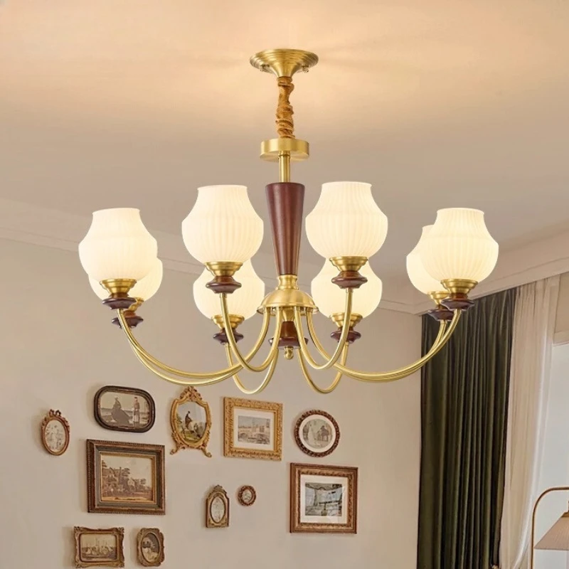 

French Luxury White Glass Chandeliers All Copper Ceiling Pendant Light Living Room Restaurant Bedroom Hotel Wooden Hanging Lamps