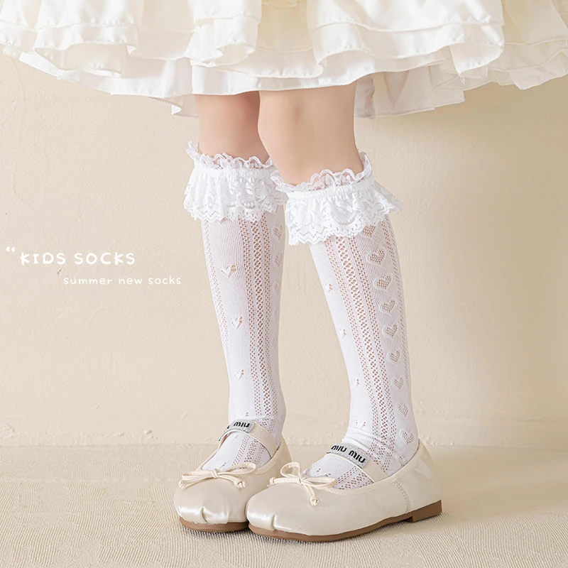 Cute Girls Thin Long Tube Socks Vertical Stripe Heart Hollow Mesh With Delicate Lace Ruffle Trim Soft Breathable Elastic Hosiery
