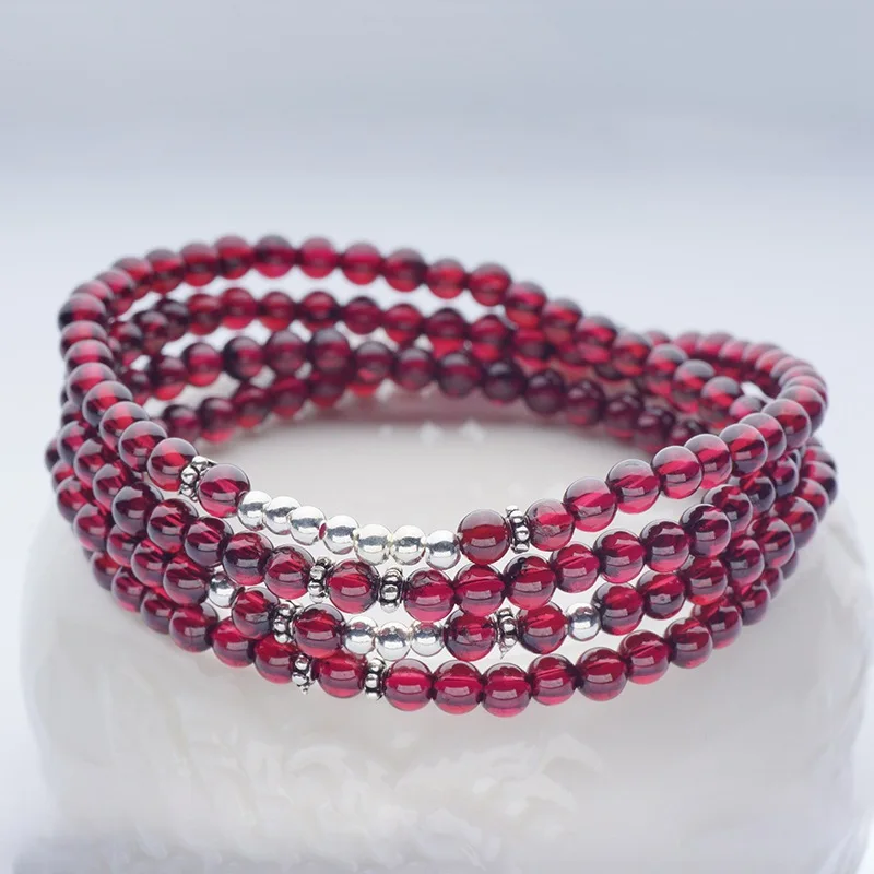 Natural Claret Garnet Multi-Circle 925 Sterling Silver DIY Bracelet Wholesale