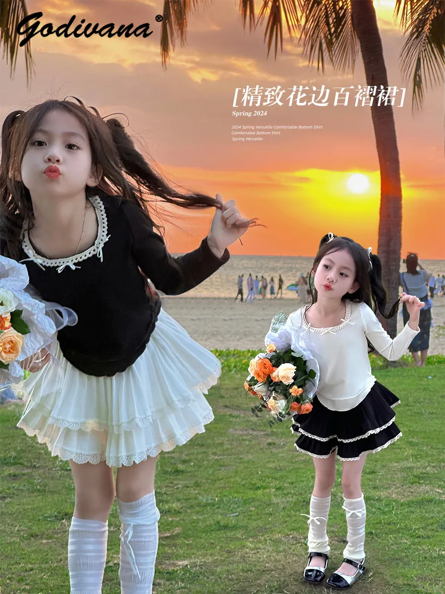 Sweet Girls Spring and Summer New Fashion Pleated Mini Skirt Kids Cute Versatile Elastic Waist Casual Skirt with Security Pants