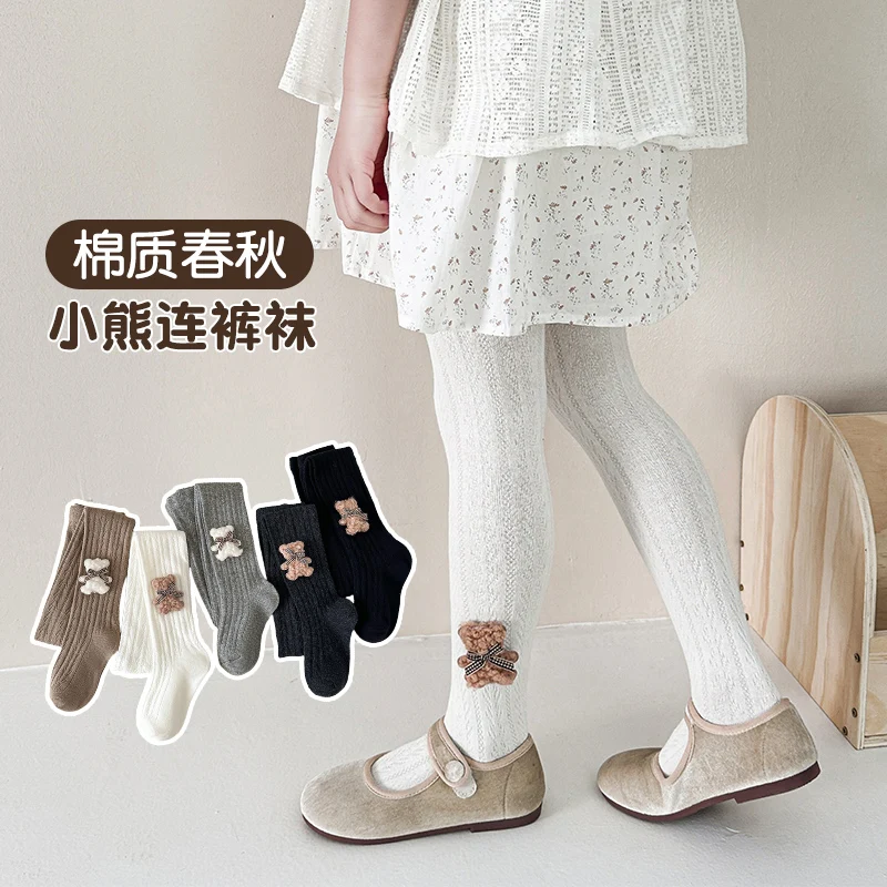 Fluffy Bear And Bow Decor Pantyhose Cute Little Girls Wear Resistant Anti Pilling Texture Comfort Stretch Fabric Daily Leggings