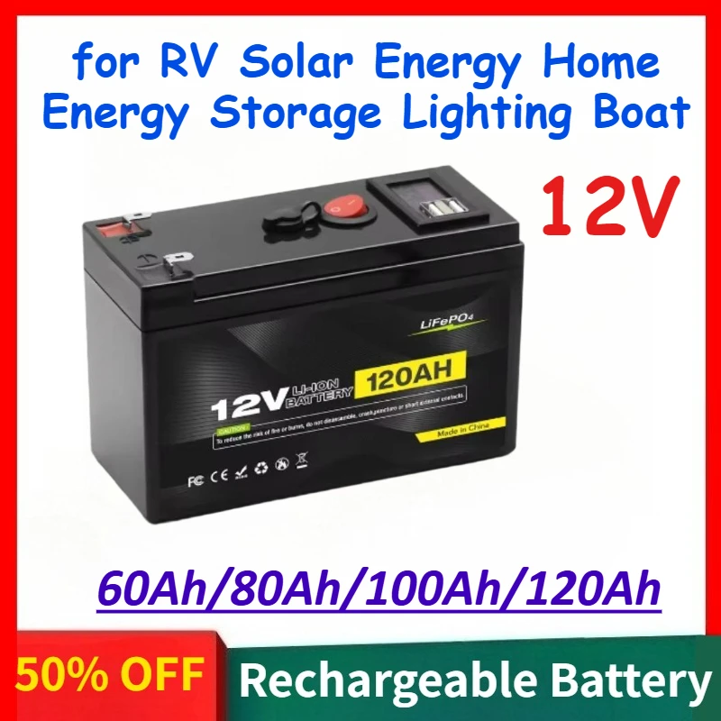 

12V 60Ah 80Ah 100Ah 120Ah 18650 Rechargeable Lithium Battery for RV Solar Energy Home Energy Storage Lighting Boat with Charger