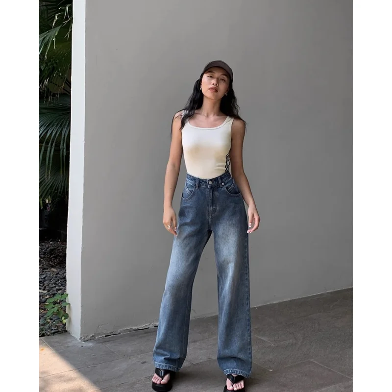 Blue Women Jeans High Waist Fashion American Vintage Streetwear Y2K NEW Wide Leg Jean Female Denim Trouser Baggy Denim Pants