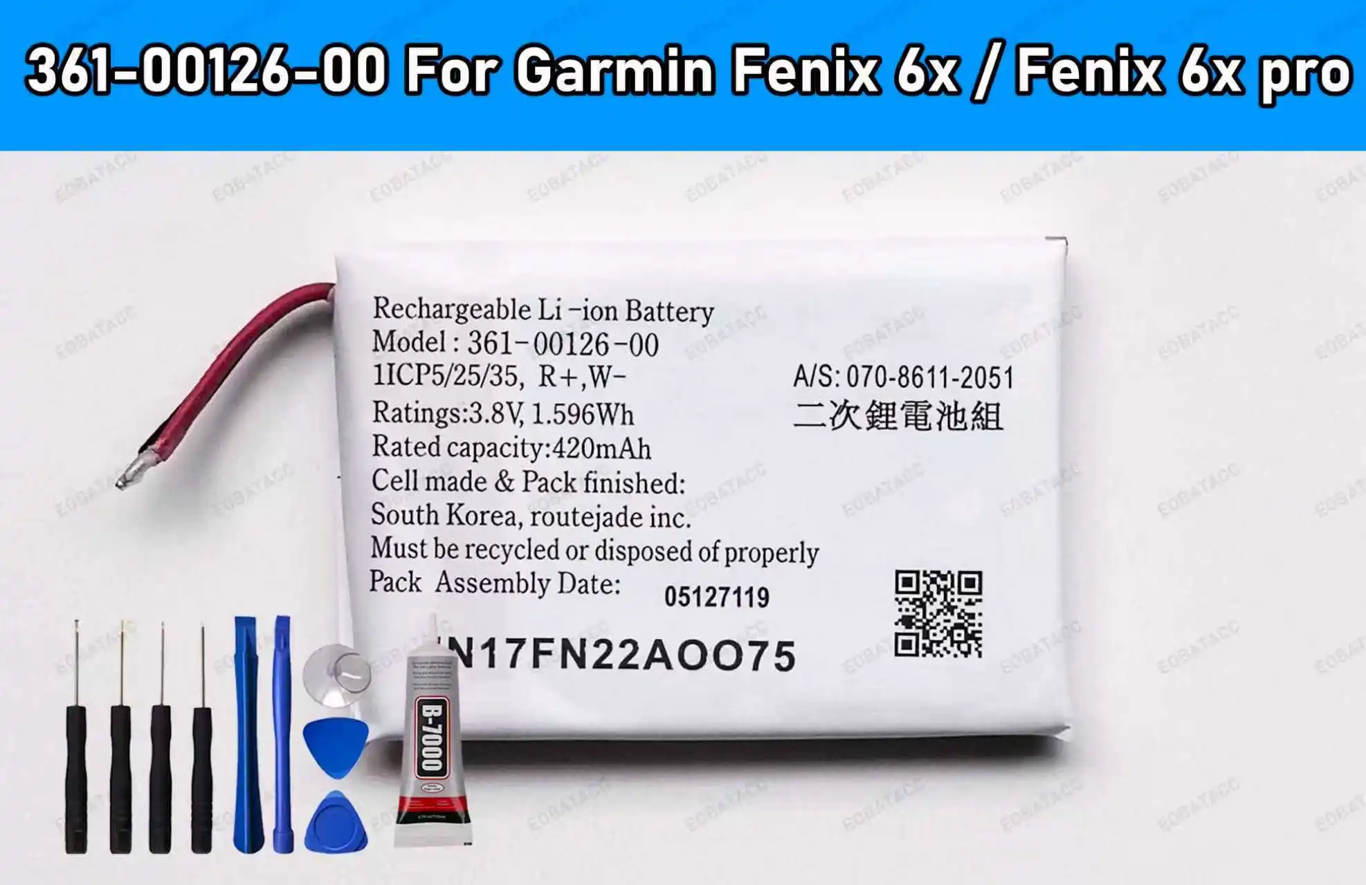 

100% New High Quanlity Battery For Garmin Fenix 6x / Fenix 6x pro Solar GPS Watch Batteries 361-00126-00 High Capacity