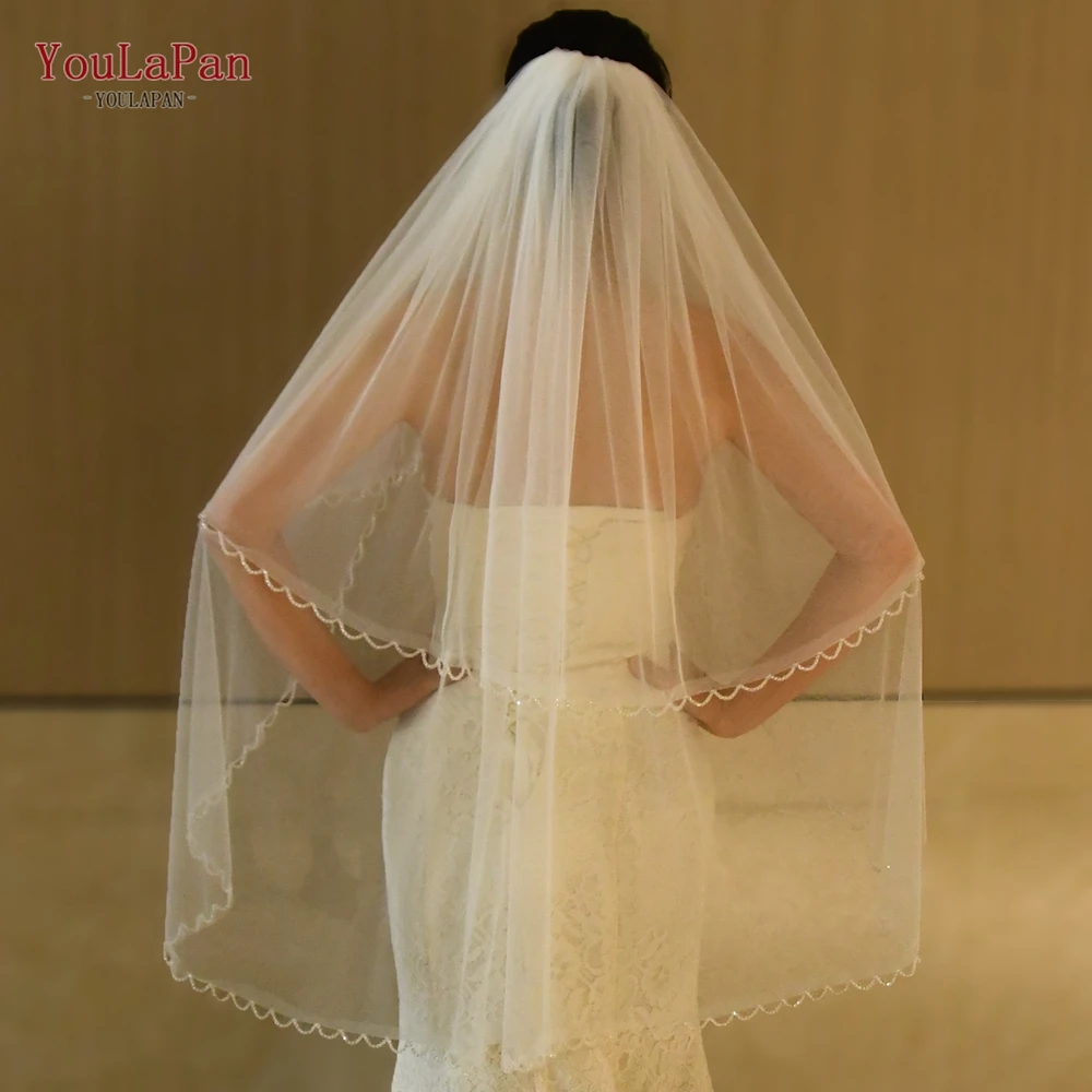 YouLaPan Crystal Edge Wedding Veil Hip Length Bridal Veil with Blusher Eleglant Double Layer Covered Wedding Bride Soft V198