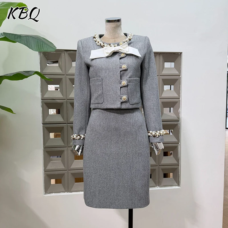 KBQ Temperament Two Piece Sets for Women Round Neck Long Sleeve Short Tops High Waist Skirt Chic Set Female Fashion Style New