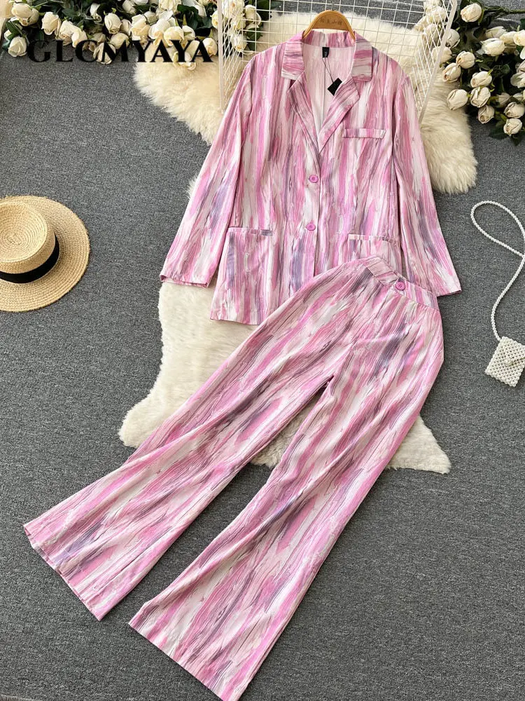 GLCMYAYA Vintage Chic Tie Dye Printed Women Single Breasted Blazer and Wide Leg Straight Pants Suit Two 2 Piece Set Outfits 2023