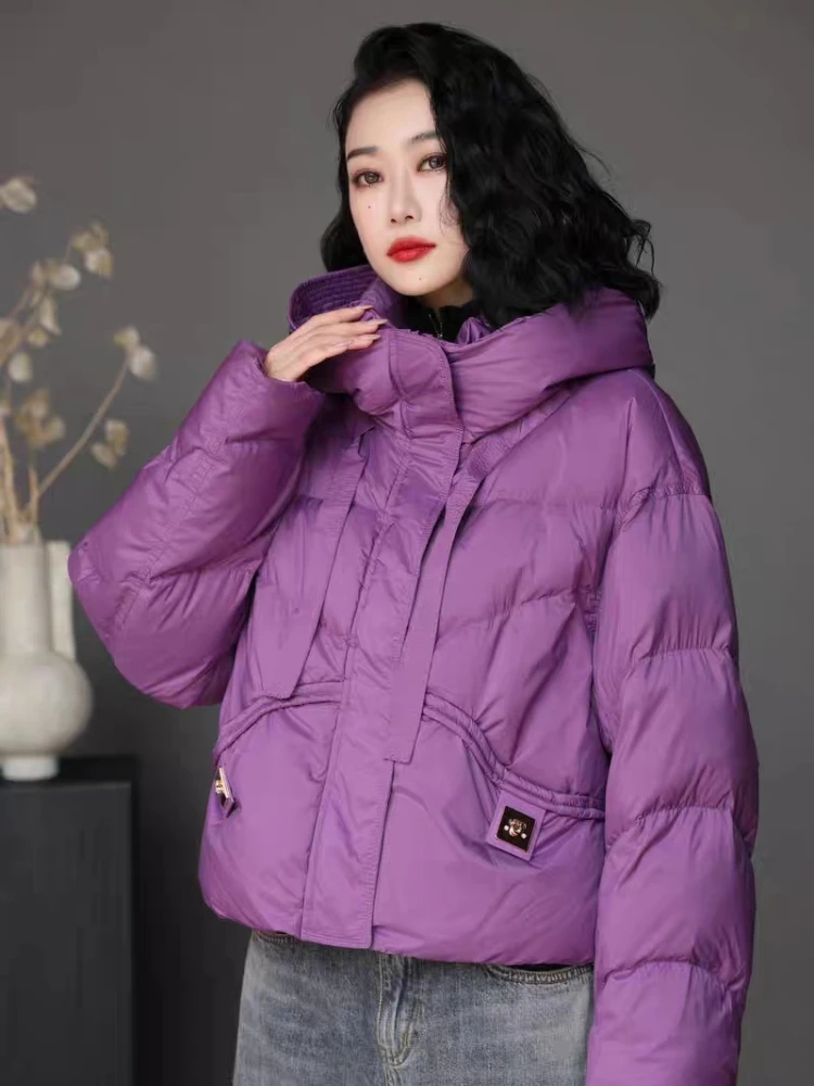 Winter New Down Jacket Women Casual Hooded Lightweight Solid Color Down Jacket White Duck Down Warm Loose Short Puffer Coat