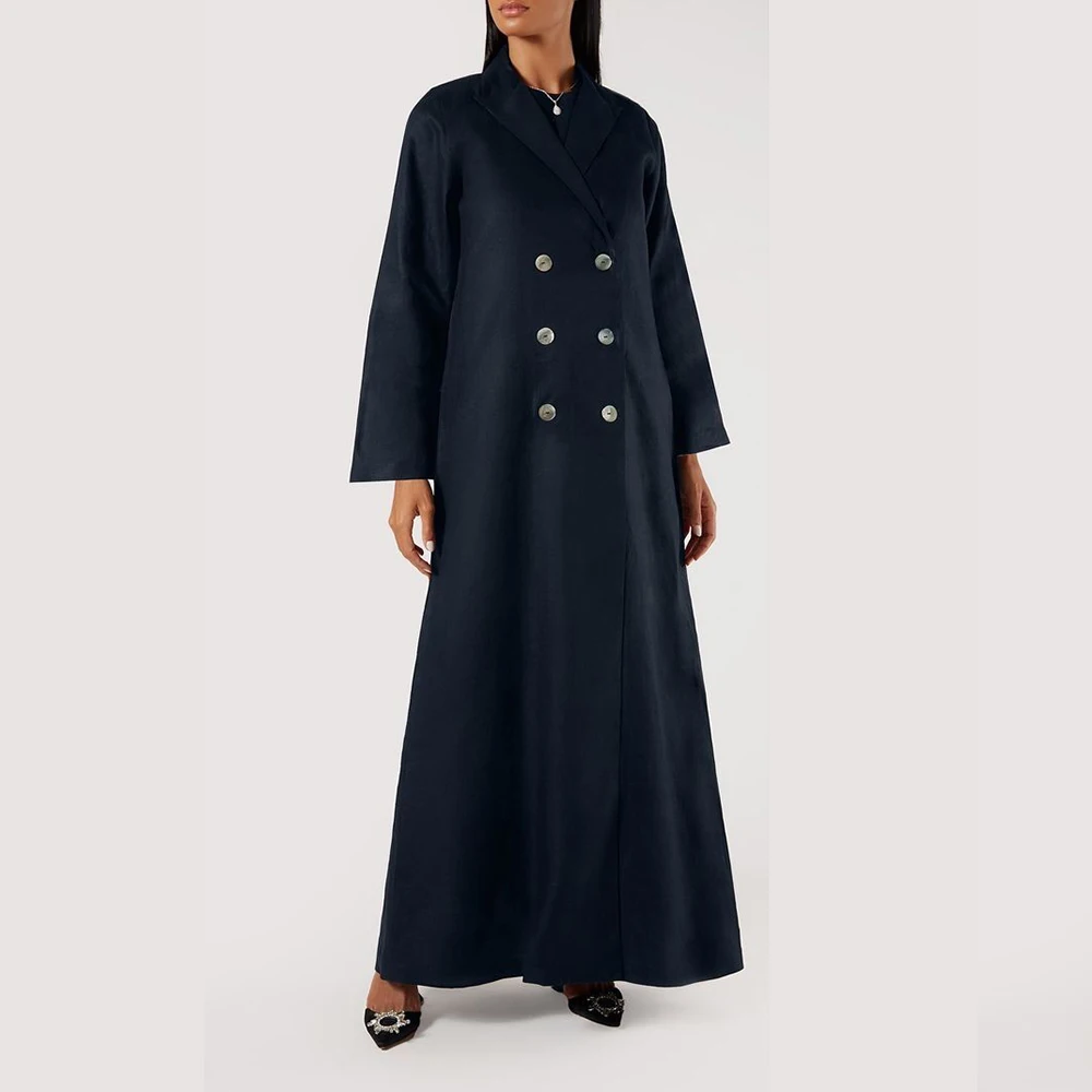 Navy Blue Double Breasted Peak Lapel Muslim Abayas Outerwear Elegant High Quality Long Female Jacket Office Lady Clothing 2024