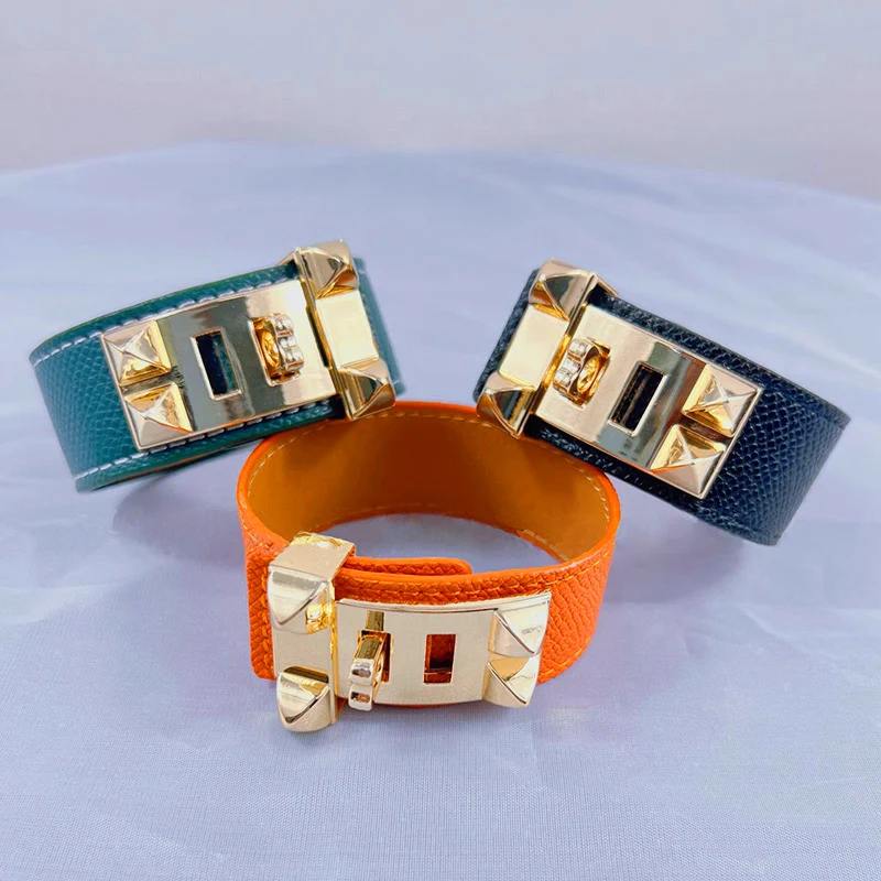 Top Quality 10 Colors Single Layer Leather Circle Gold Plated Rivet Stainless Steel Bracelet For Women Brand Element Jewelry