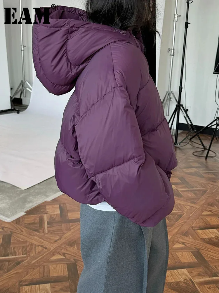 [EAM] Purple Big Size Warm Short Down Jacket New Hooded Long Sleeve Warm Women Parkas Fashion Tide Autumn Winter 2024 1DH8144