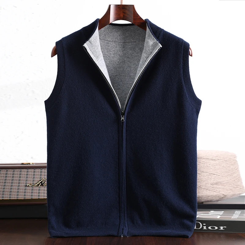 

New product launch: Men's double-sided zipper knitted vest 100% Merino wool sweater winter thick warm stand up collar cardigan