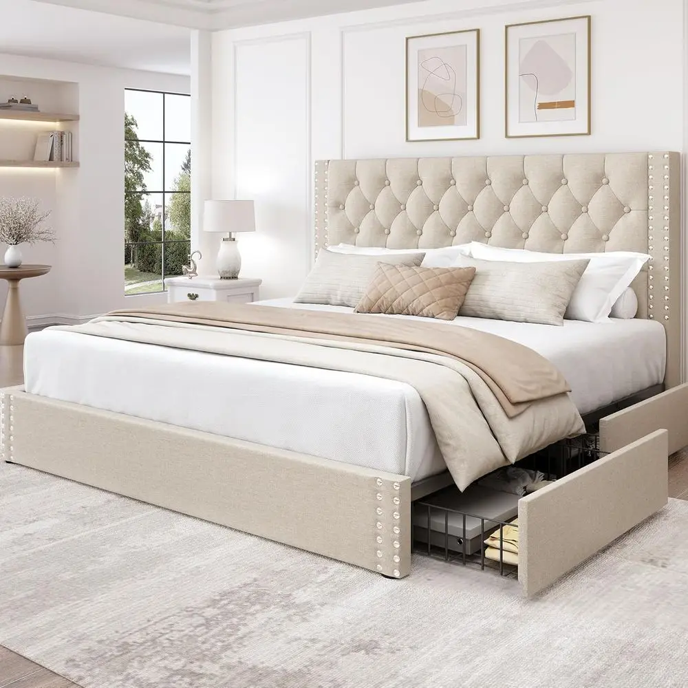 King Size Storage Bed with 4 Drawers, Tufted Linen Upholstery, Wood Slat Support, No Box Spring, Easy Assembly, Beige