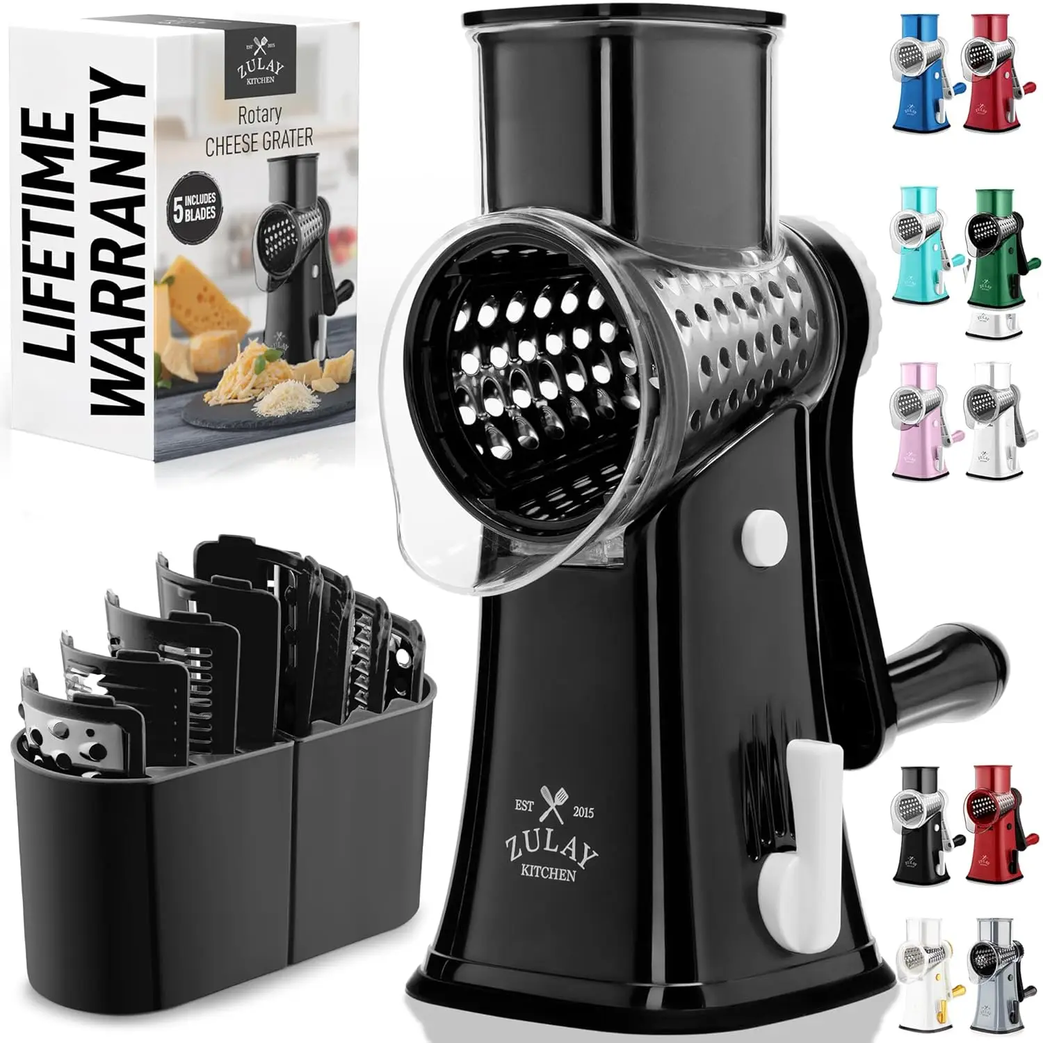 

5-Blade Rotary Cheese Grater with Suction Base & Interchangeable Drums - Easy Manual Vegetable Chopper Slicer