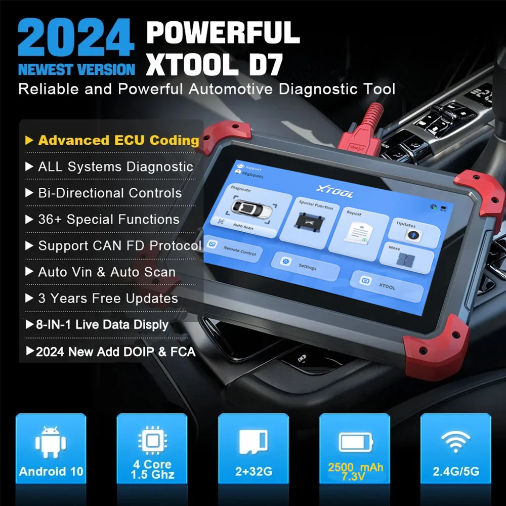 2024 XTOOL D7 Car Obd2 Scanner Automotive Diagnostic Tool Bidirectional Control Scanner ECU Coding 36+ Reset Add CAN FD DOIP FCA