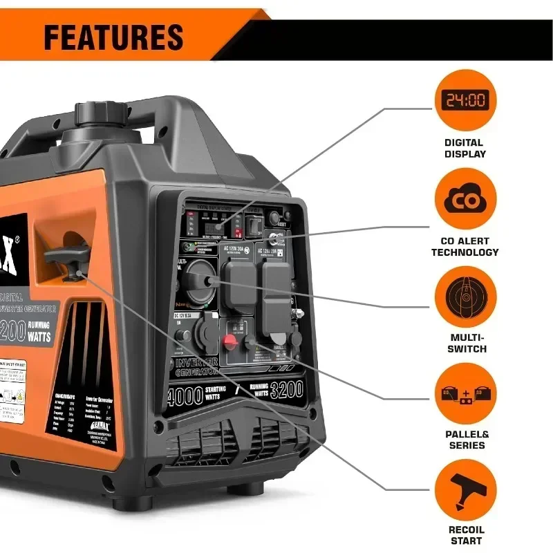 

Excellent Top Quality Hot SalesPortable Generator,4000W Ultra-quiet145cc Engine &Parallel And Series Ready, EPA & CARB Compliant
