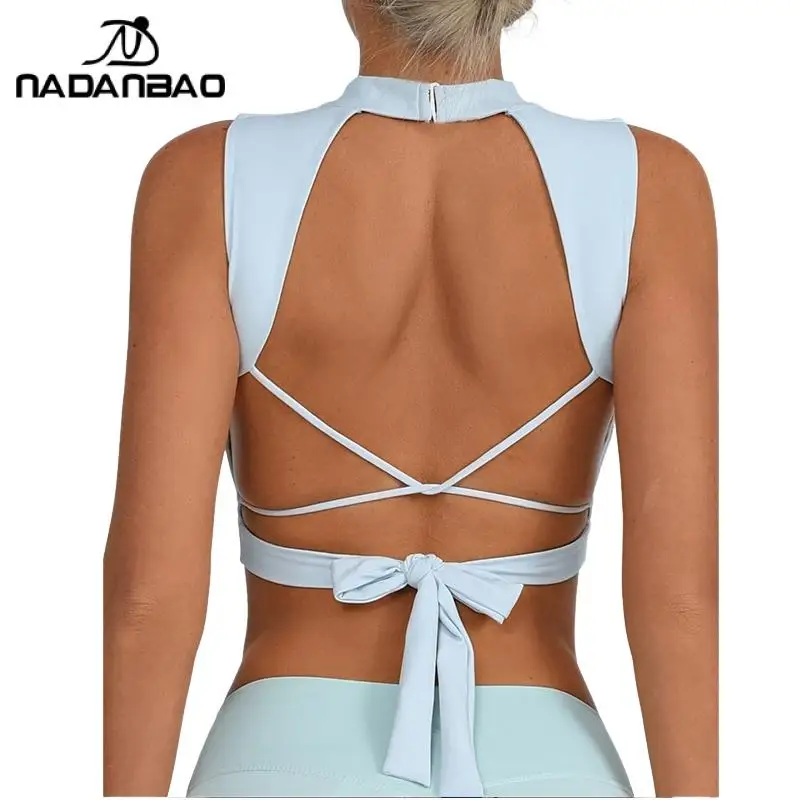 

Nadanbao Pink Blue Sexy Hollow Women's Bra Back Beauty Backless Lace-Up Tops Naked Quick-Drying Vest Fitness Yoga Sportswear