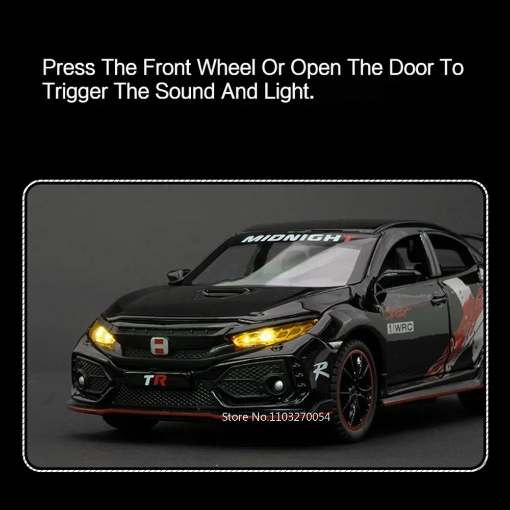 1/32 CIVIC TYPE-R Car Model Toys Diecast Alloy Vehicle 6 Doors Opened Sound Light Pull Back Metal Body Rubber Tire Toy Kids Gift