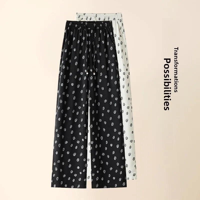 High Waist Wide Leg Pants Women's Summer Thin Loose Drapey Ice Silk Floral Print Sun Protection Straight Leg Casual Trousers