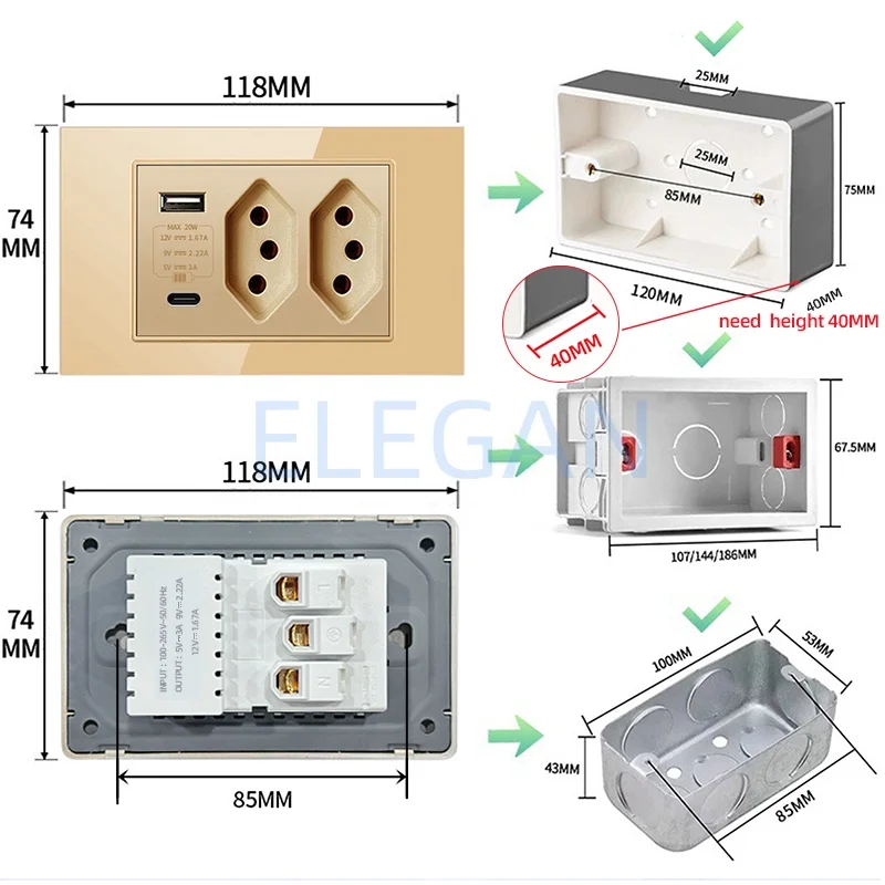 Picture 3: ELEGAN Tempered Glass Full-paddle Brazil USB Type C Fast Charging 20W Wall Socket Switch Integrated Module 10A 20A