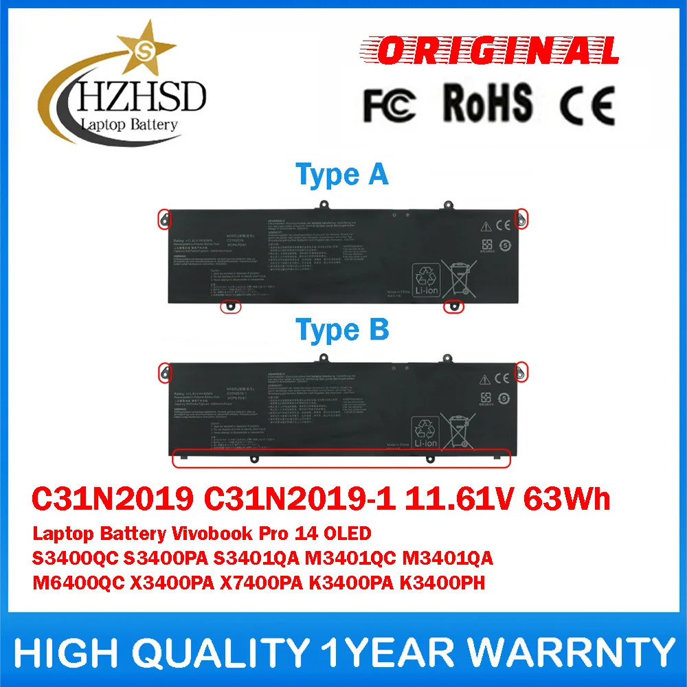 

C31N2019 C31N2019-1 11.61V 63Wh Genuine Original Laptop Battery For ASUS Vivobook Pro 14 OLED S3400QC S3400PA S3401QA M3401QC