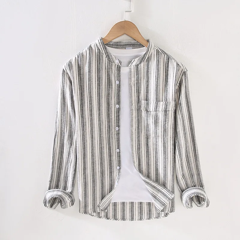 Camisa a rayas de lino y algodón 1046 para hombre, Blusa de manga larga con cuello levantado, informal, para negocios y uso diario, a la moda, primavera y otoño