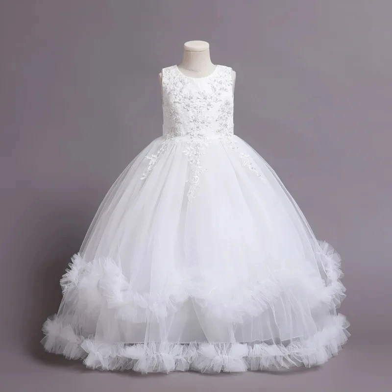 4-12 year old white girl long wedding dress evening dress sequin lace graduation ball performance dress 2023 girls\' clothing