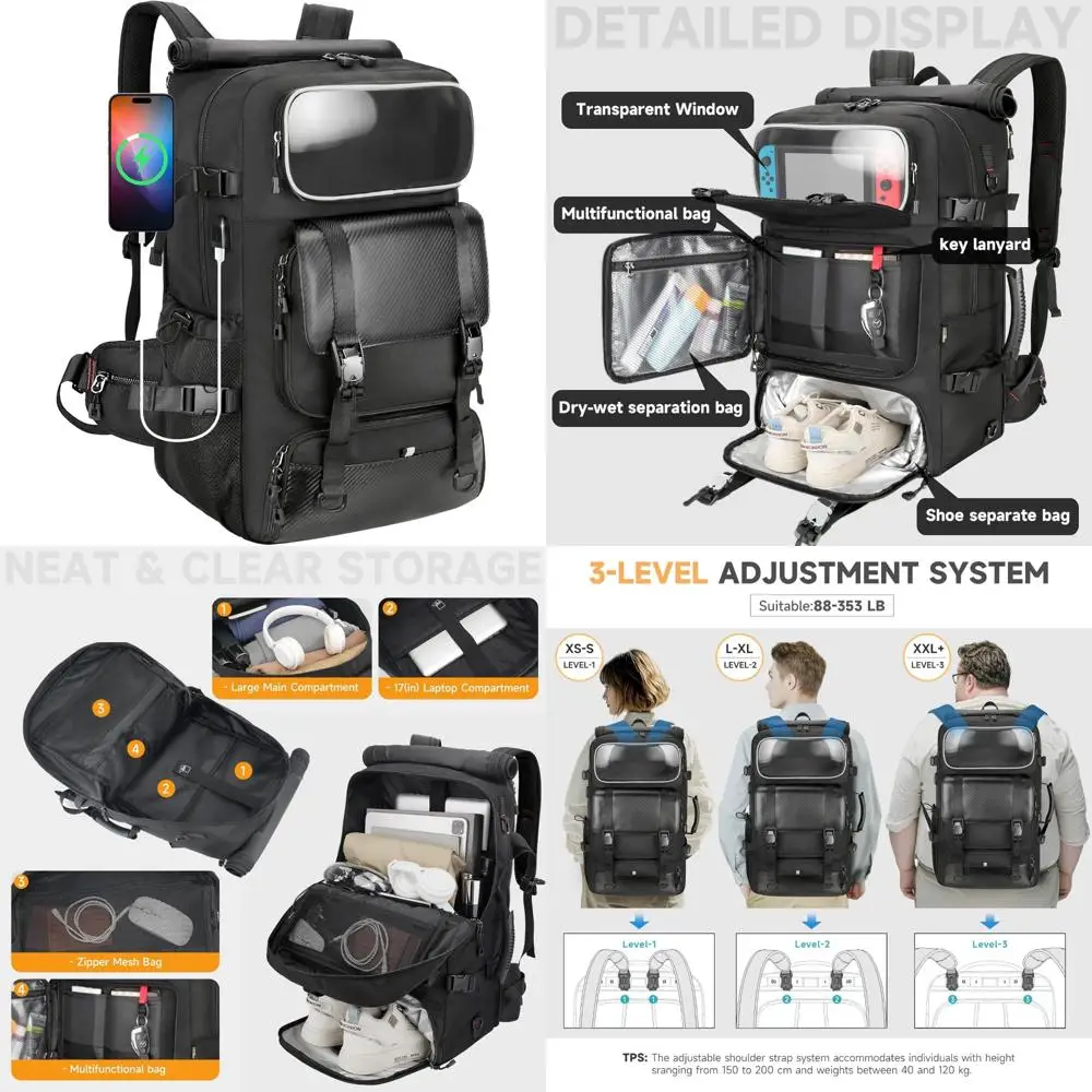 حقيبة ظهر للسفر سعة 60 لترًا للرجال مع إغلاق مغناطيسي، واق من المطر كبير لصالة الألعاب الرياضية، وحجرة للأحذية، وجيب لزجاجة المياه
