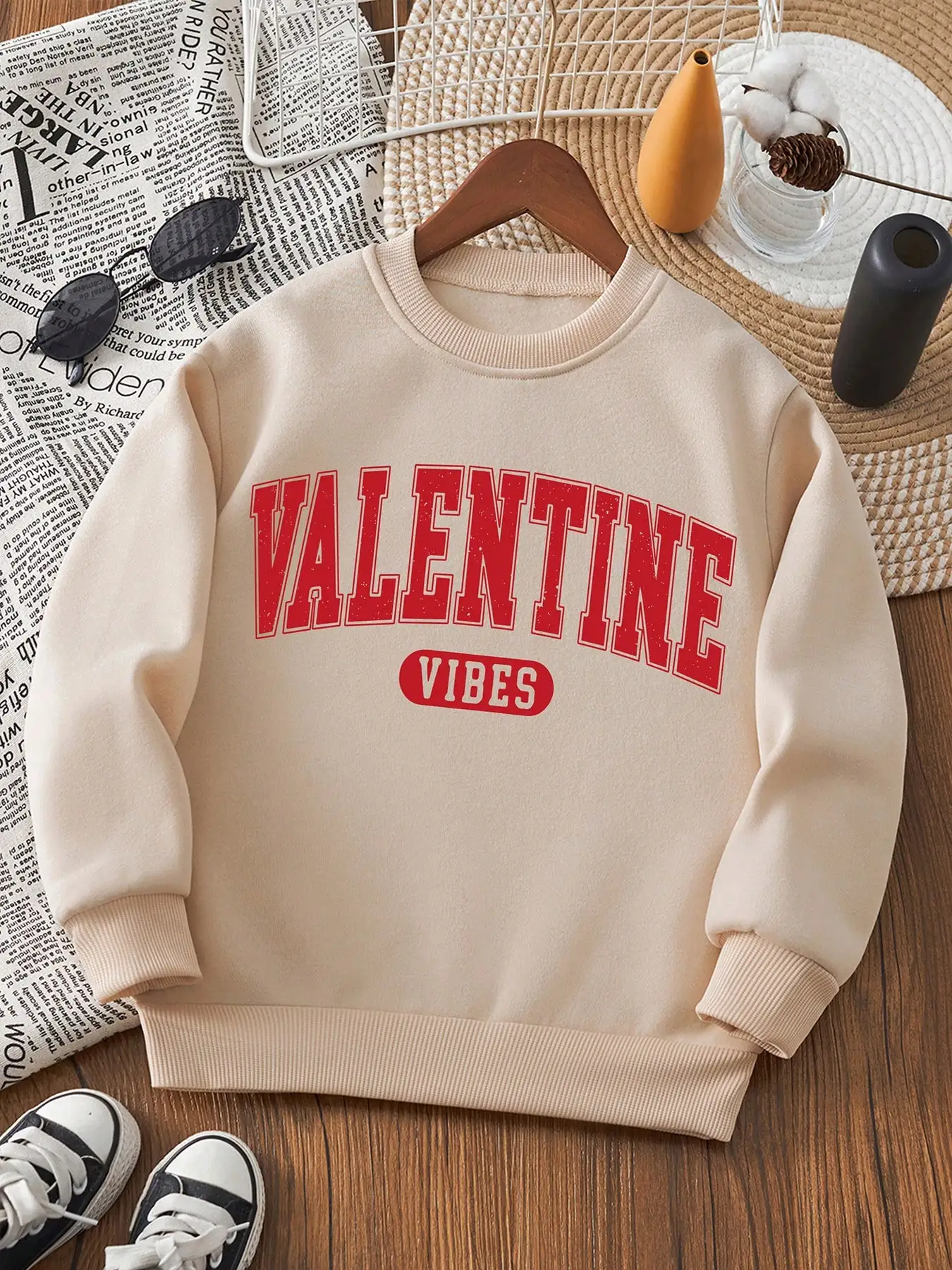 

Cream Crew Neck Sweatshirt with Red Valentine Vibes Graphic Print, Casual Winter Wear
