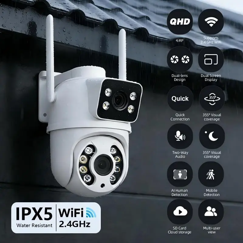 

Уличная Wi-Fi камера 4MP HD с двумя объективами и двумя экранами, ночным видением и функцией обнаружения человека для видеонаблюдения