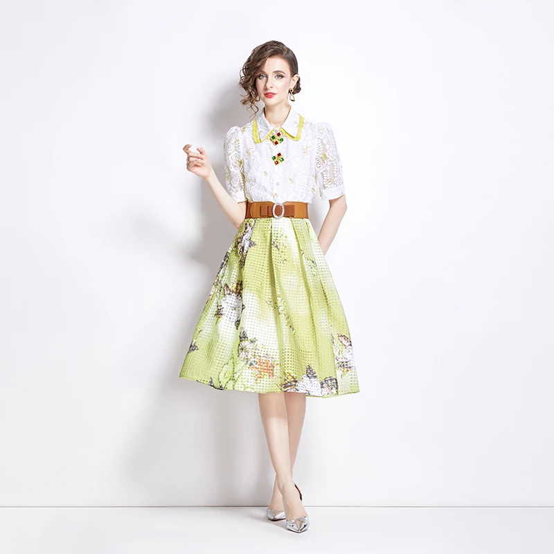 High Quality Women Summer 2 Piece Set Polo Neck Short Sleeve Shirt Tps+High Waist Long Flower Print Party Casual Skirt Sets