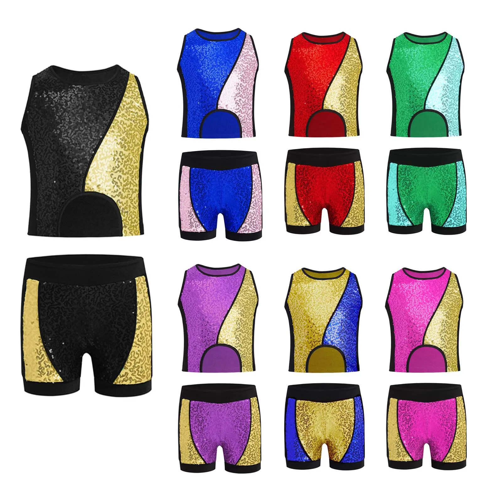 Teenager Mädchen Pailletten Jazz Latin Ballett Tanzkostüm Farbblock Patchwork Crop Top + Jazz Shorts für Karneval Halloween Performance