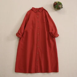 Autumn New Japanese Mori Girl Loose Cotton Shirt Dress Women Turn Down Collar Long Sleeve Causal Plus Size Midi Dresses