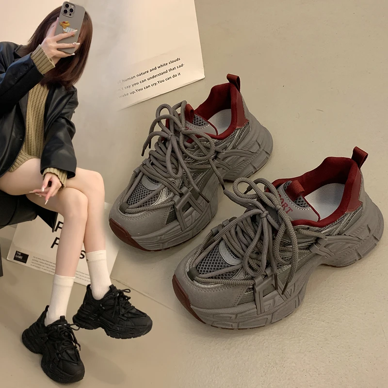 

2025 Autumn New Women's Platform Dad Shoes - Korean Style, Non-Slip, Breathable Mesh, Casual Versatile Outdoor Running Sneakers