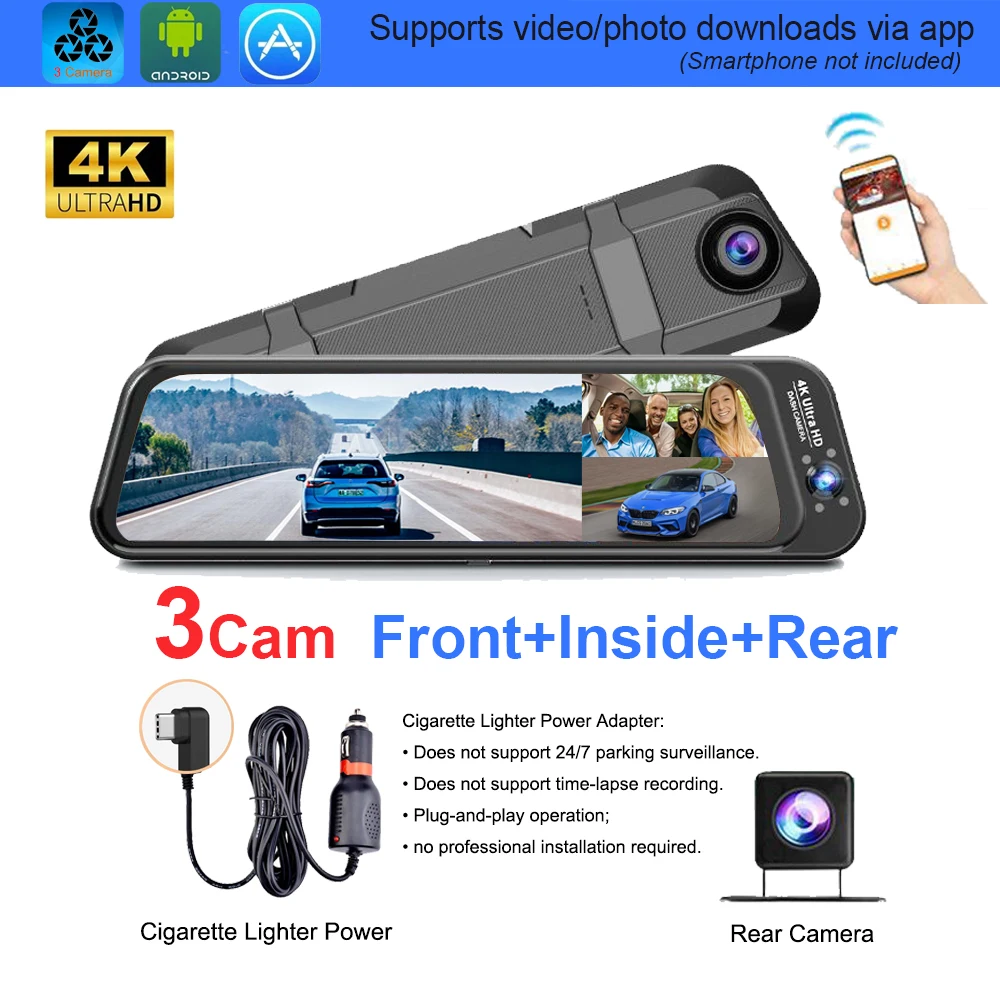 3-lens Fisheye Streaming Dashcam 4K Volledig touchscreen APP-besturing 24 uur parkeermodus Bewegings- en G-sensor Tijdlapse Privacyopname