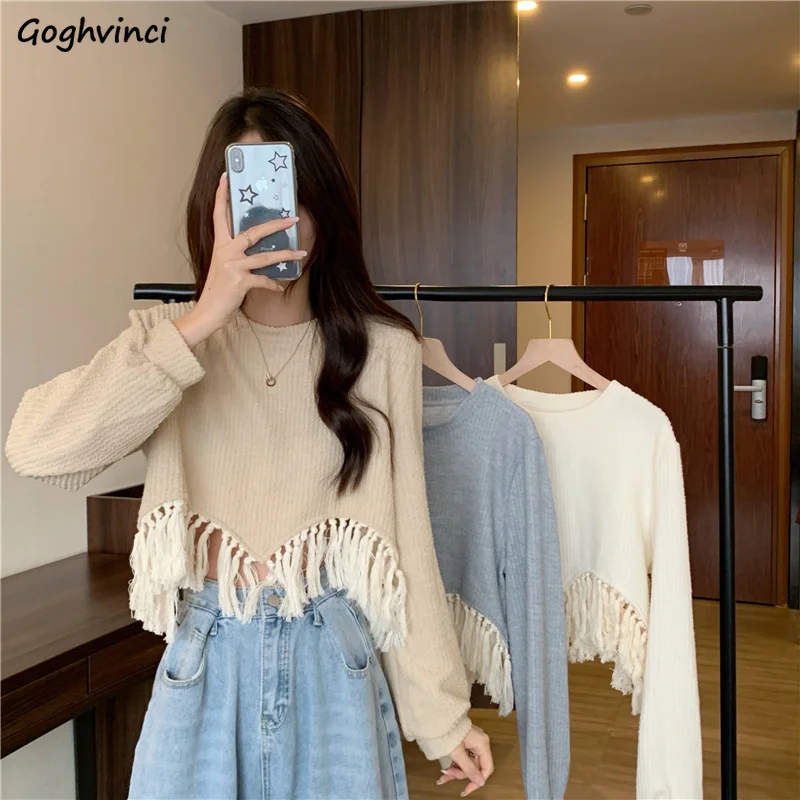 

Tassel Pullovers Women O-neck Solid Color Vintage Autumn Winter Female's Long Sleeve Knitted Sweaters Loose Sweet Casual Tops