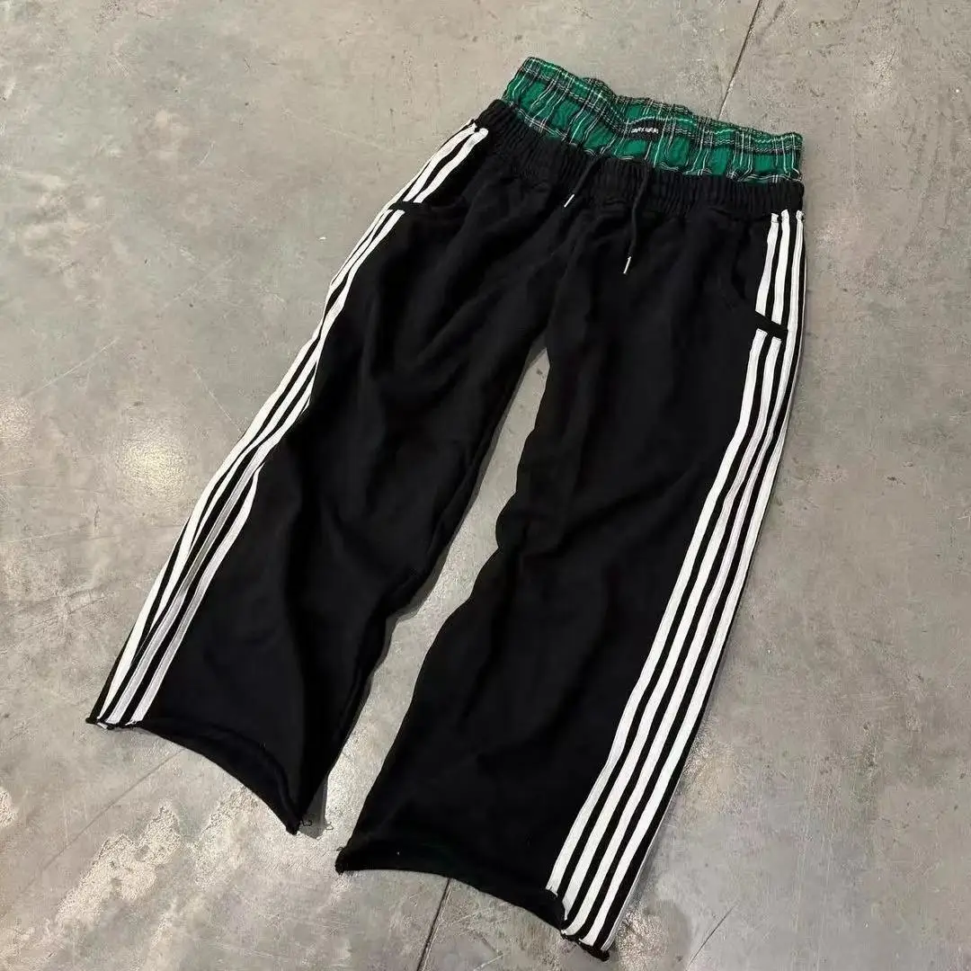 Double Layer Straight Pants Men\'s and Women\'s Loose Wide-leg Trousers Vintage Clothing Side Striped Sweatpants Pant Sets Y2k