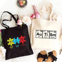 Canvas Tote Bags for Women Autism Puzzle Piece Reusable Handbag Autism Awareness Reusable Casual Harajuku Shoulder Shopping Bag