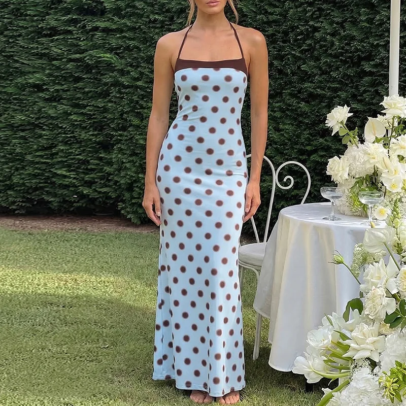 

2026 New Summer Women's Blue Polka Dot Halter Bodycon Maxi Dress Sexy Y2K Baddie Streetwear Vintage Dress