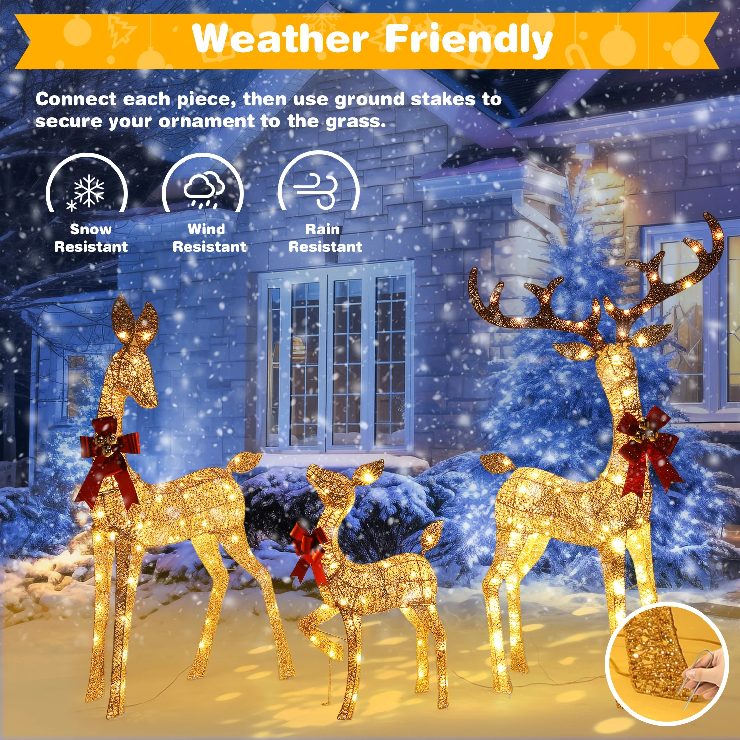 3-Piece Large Lighted Christmas Deer Family Set for Indoor Outdoor Front Yard Porch Holiday Decor with 210 Warm White LED Lights