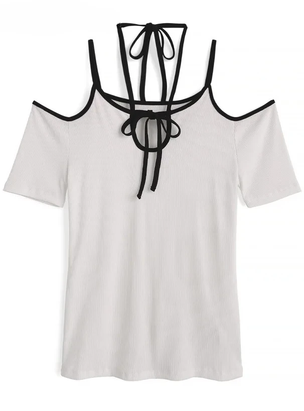 

Off-the-shoulder Neck Design Short-sleeved T-shirt Summer New Sweet Japanese White Slimming Tops Girls Lace-up T Shirt