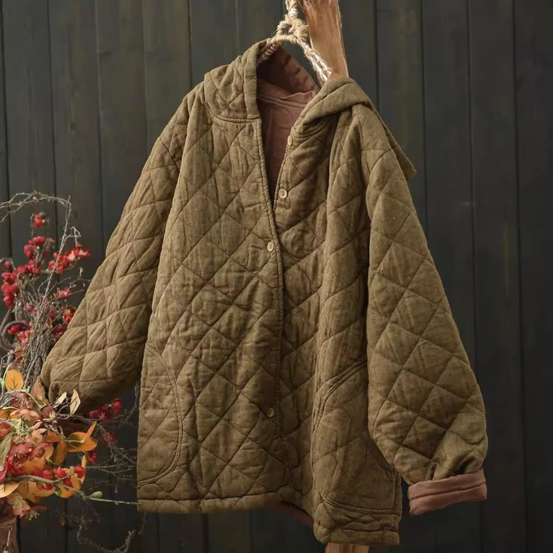 

100% Cotton Women Casual Quilted Coats New 2025 Winter Vintage Style Solid Color Loose Female Thick Warm Hooded Jackets M2126
