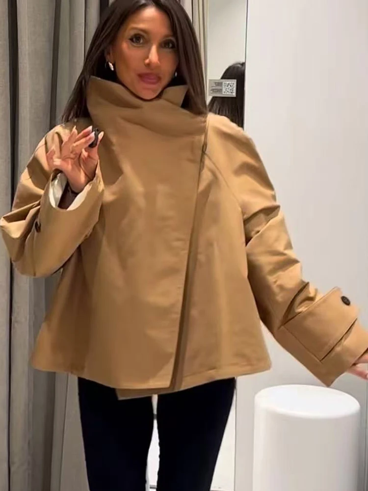 Fashion Women's Short Trench Coat Loose Fit Stand Collar Long Sleeve Single Button Pocket Windbreaker Simple Casual Jacket