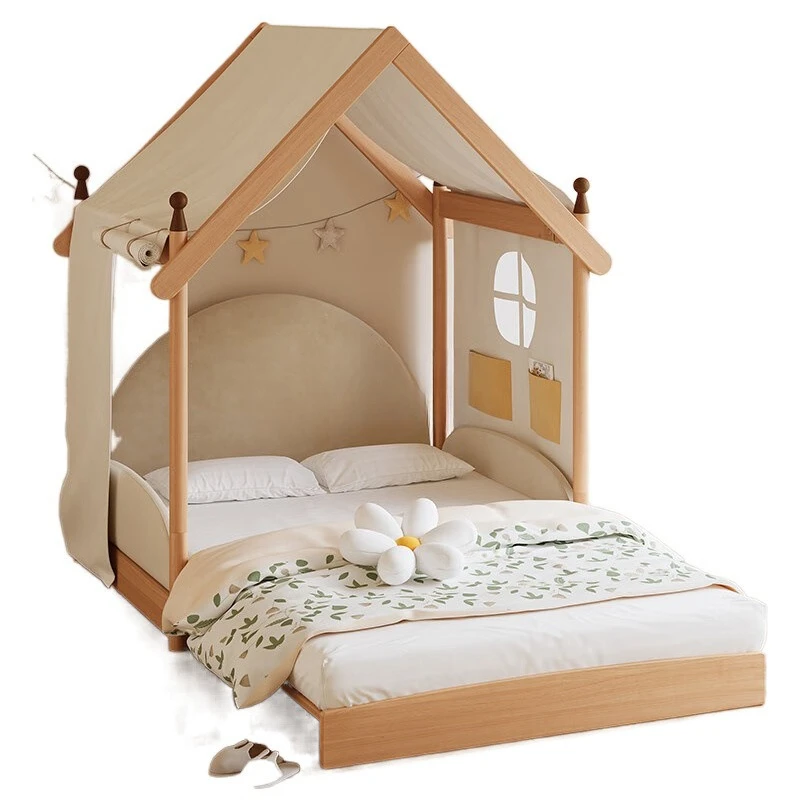 

All solid wood children's bed beech telescopic splicing with guardrail single folding