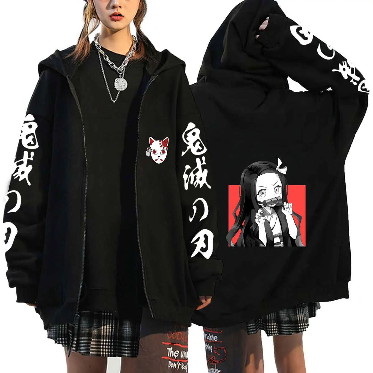 

Demon Slayer Kamado Nezuko Printed Hooded Fashion Sweatshirt Anime Hoodie Cosplay Zip Coat Autumn Winter Street Style Funny Top