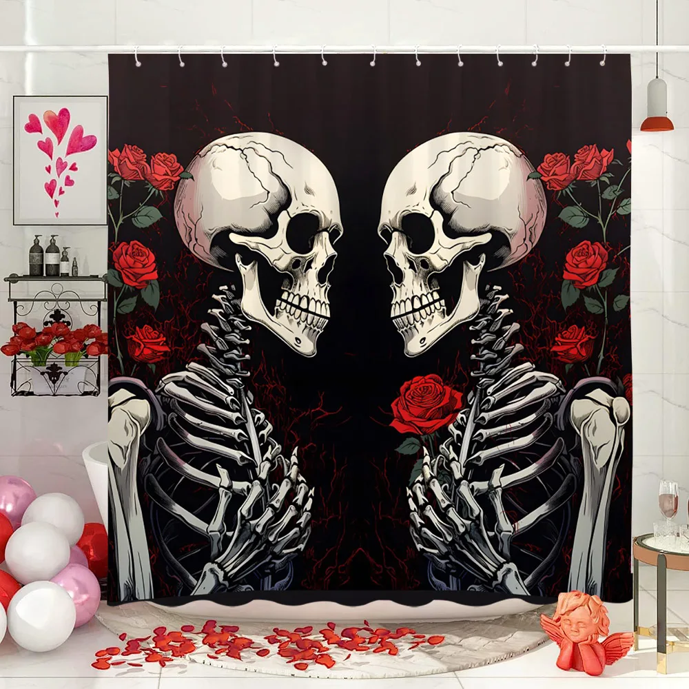 Valentine's Day Shower Curtain Roses Love Skulls Eternal Love Theme Spanish Art Fabric Shower Curtain Bathroom Decoration