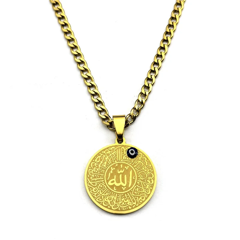 Islamic Muslim Quran Blue Evil Eye Amulet Pendant Necklace for Men Women Stainless Steel Gold Color Turkish Eye Arabic Jewelry